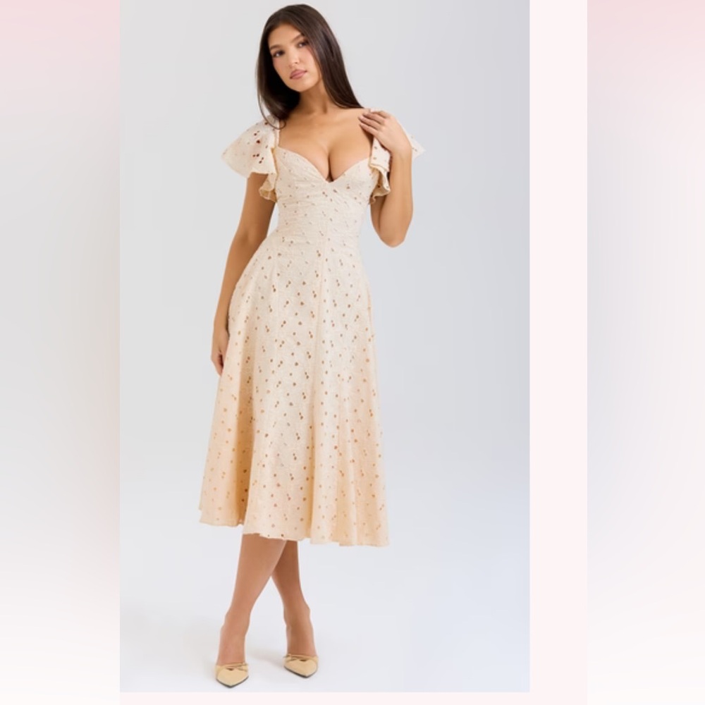 House of CB Cream Midi Dress with Ruffle Sleeves